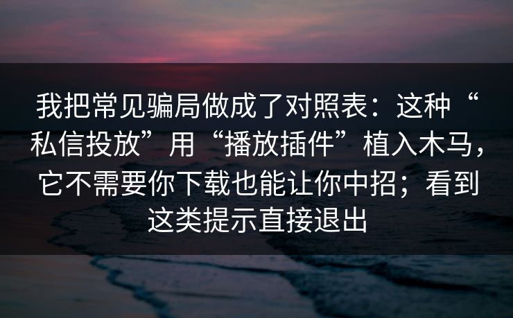 我把常见骗局做成了对照表：这种“私信投放”用“播放插件”植入木马，它不需要你下载也能让你中招；看到这类提示直接退出